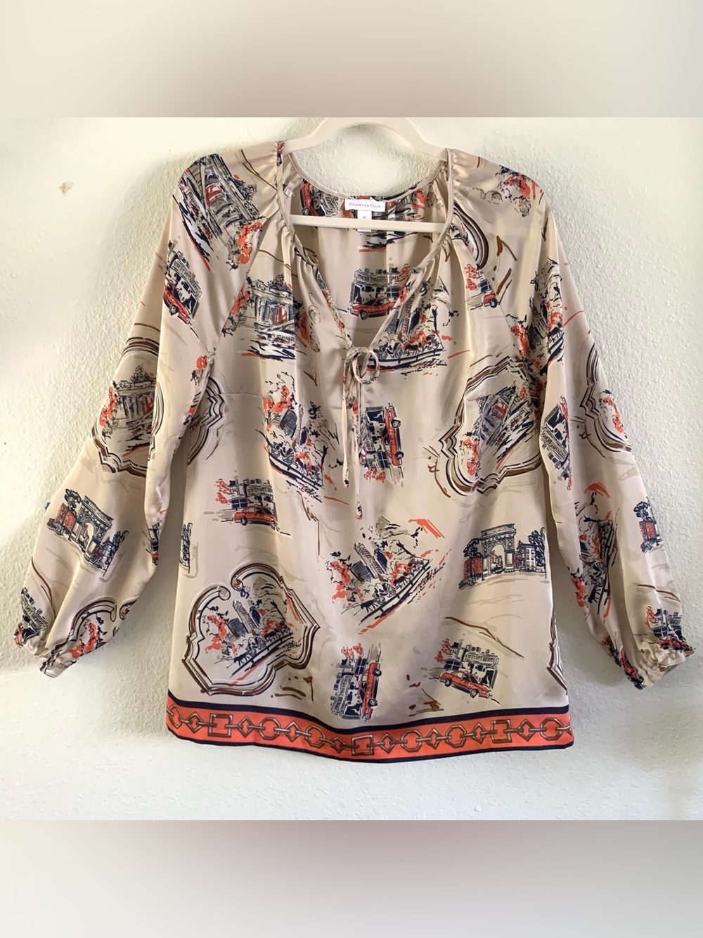 Charter Club  Women’s Beige Vintage City Scape Print Tunic Blouse Size M
